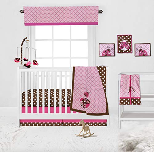 Bacati Ladybug Pink & Chocolate 10-Piece Girls Crib Bedding Set - Includes 2 Crib Sheets (Bumper Pad Not Included) - Perfect for Nursery Decor & Baby Shower Gifts