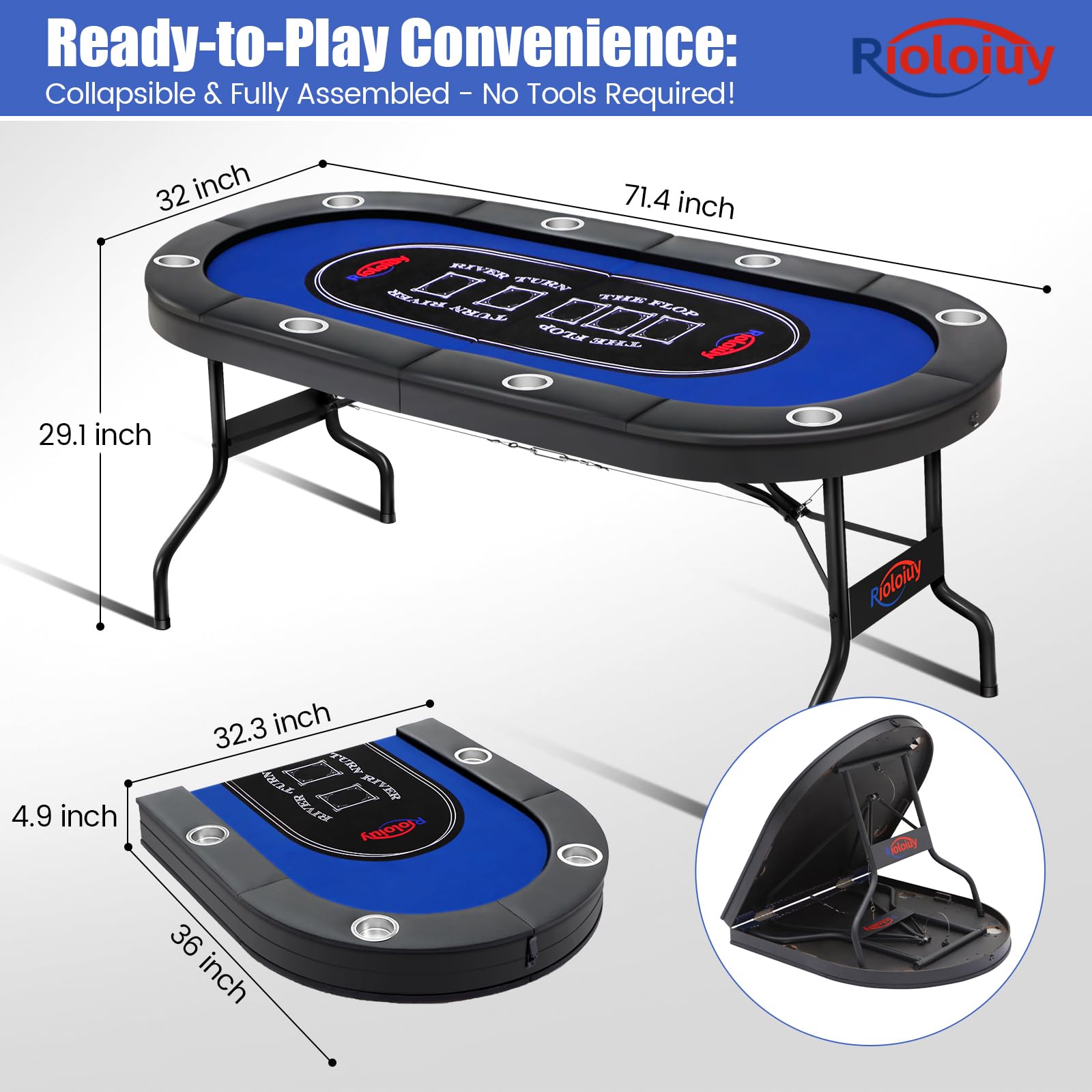 8 Player Foldable Poker Table - Texas Hold'em Casino Table with Padded Rails & Cup Holders | 71 Inch Portable Folding Game Table for Home, Game Room, Parties & Casino Nights | Perfect for Poker Nights, Family Gatherings & Casino-Themed Events