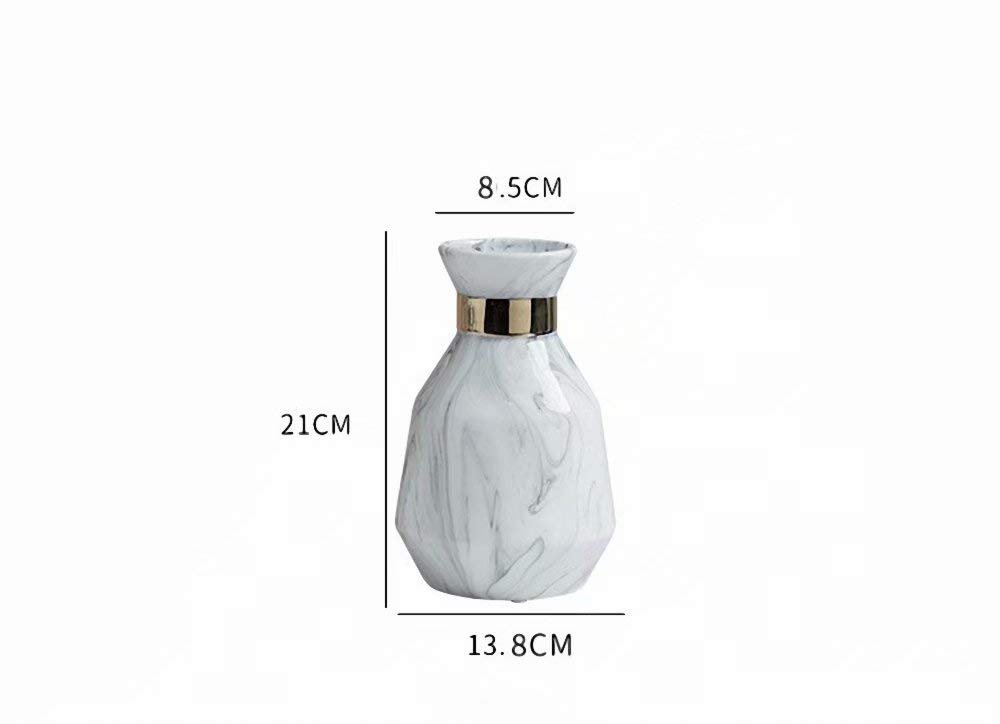 Elegant White Ceramic Flower Vases with Marble Texture & Gold Detailing - Geometric Home Decor for Kitchen, Office, Wedding Centerpiece or Living Room Display