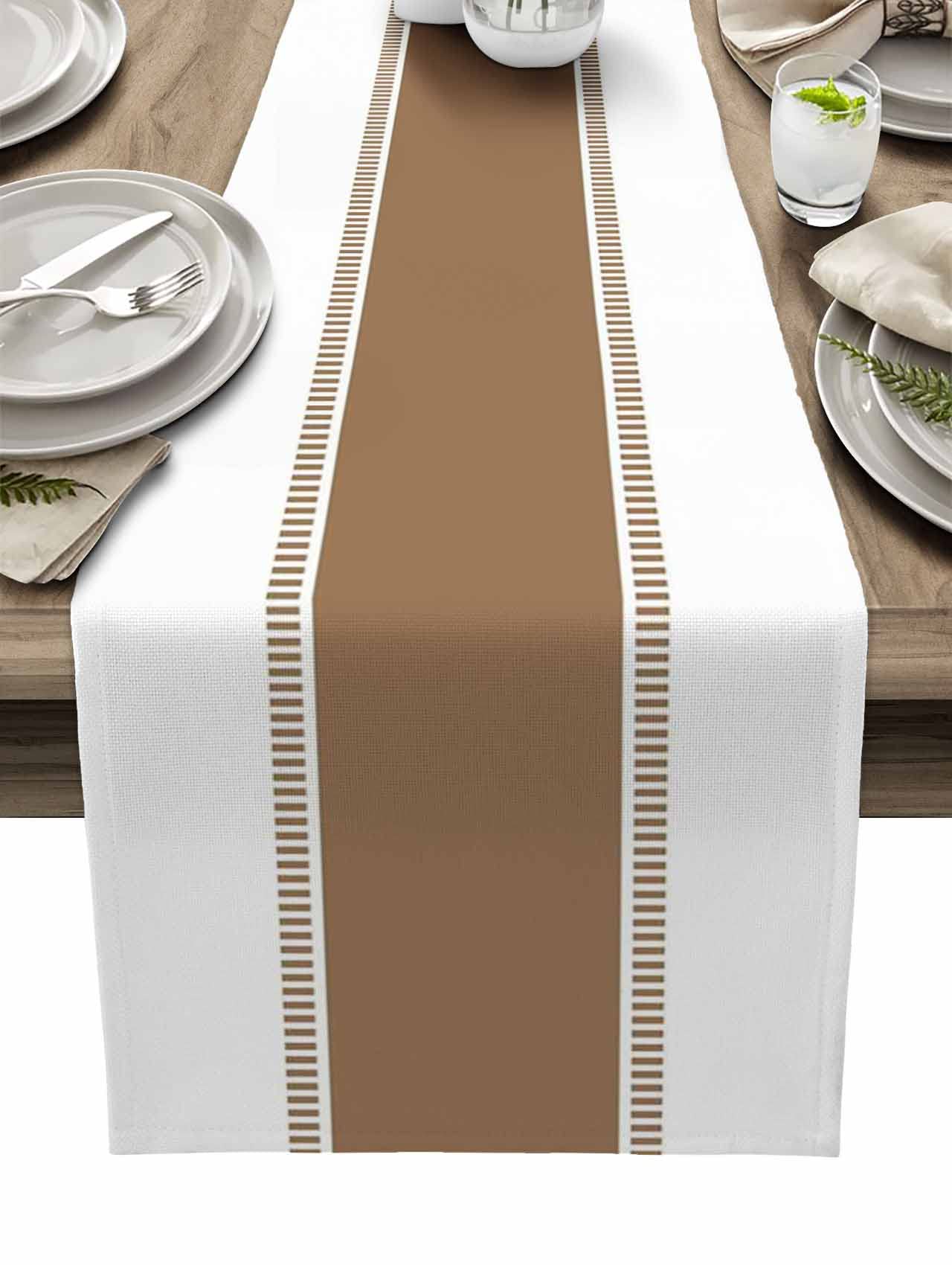 36 Inch Brown Striped Cotton Linen Table Runner - Farmhouse Style Decorative Kitchen Dining Table Cover for Coffee Tables, Dressers, Weddings & Parties | Perfect for Rustic Home Decor