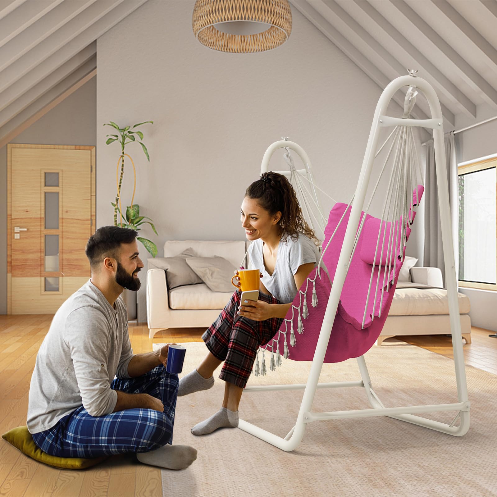Premium Heavy-Duty Hammock Chair with Stand - 350lb Weight Capacity - Indoor/Outdoor Hanging Swing Chair (Pink) - Perfect for Patio, Garden, Balcony & Relaxation Spaces