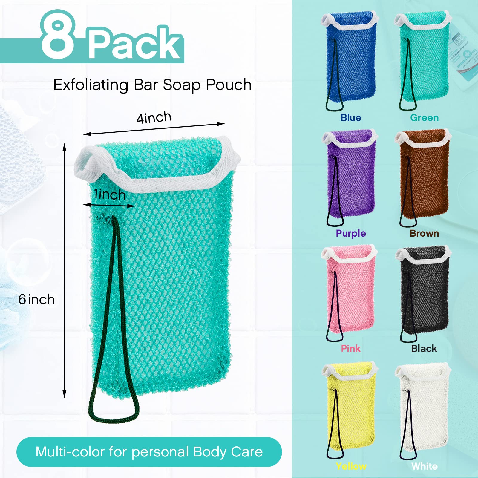 8-Piece Soap Saver Pouch Set - Exfoliating Loofah Scrubber & Soap Holder with Rope - Reusable Wash Bag for Bar Soap - Bath, Shower, Travel & Hand Washing - 8 Color Options for Women & Men