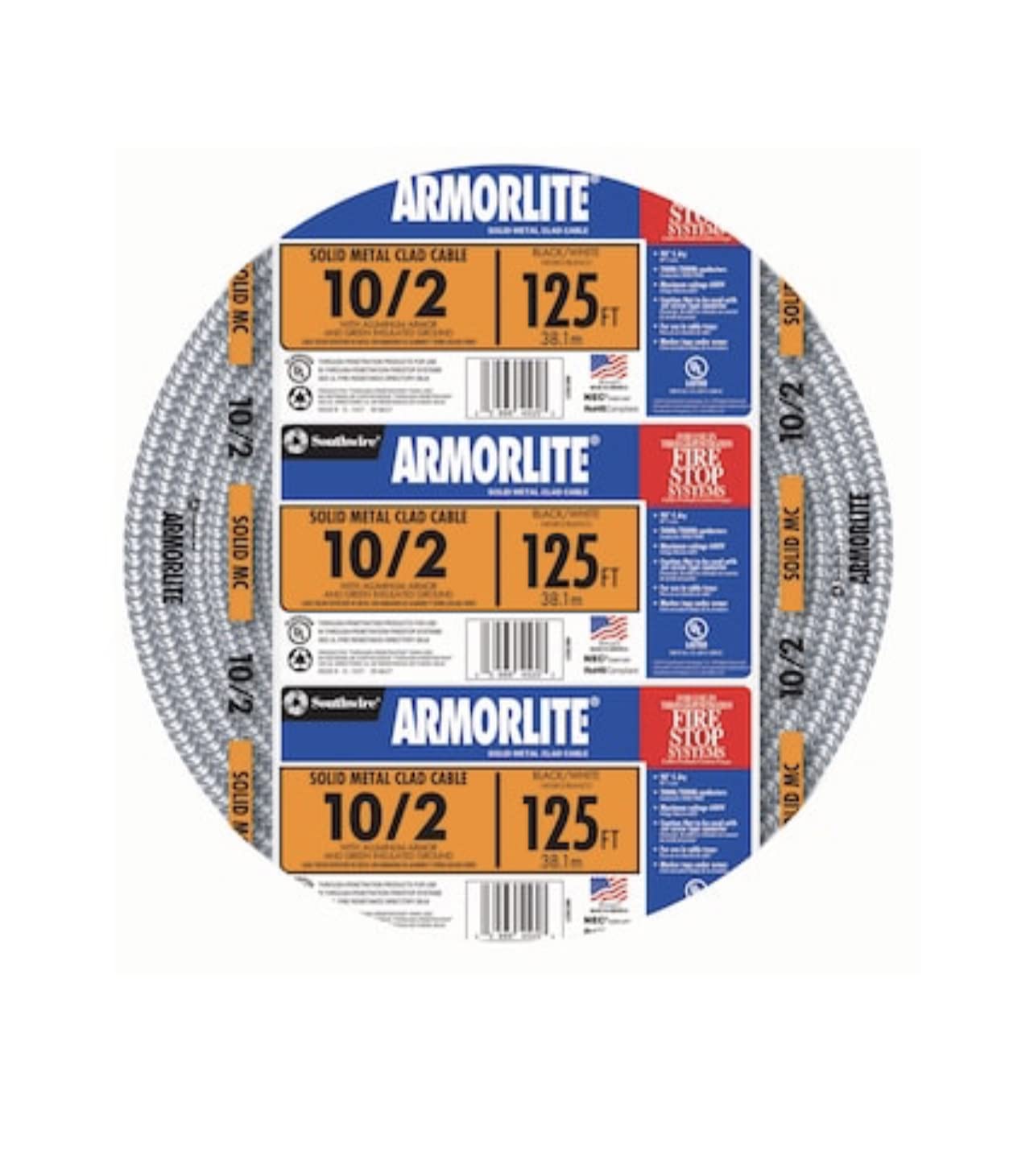 Southwire 10/2 125 ft 30 Amp Copper Aluminum Armorlite Metal Clad Cable (Silver) - Outdoor/Indoor Electrical Wiring for Home, Garage, and Workshop Power Supply