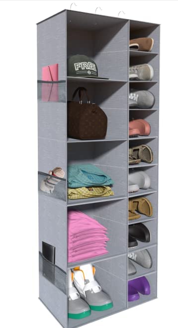 Coastal Rose Hanging Shoe Closet Organizer - 15 Section Over Door Storage for Shoes, Clothes, Purses & Accessories - Space Saving Grey Hanging Shelf for Bedroom, Closet & Dorm Organization