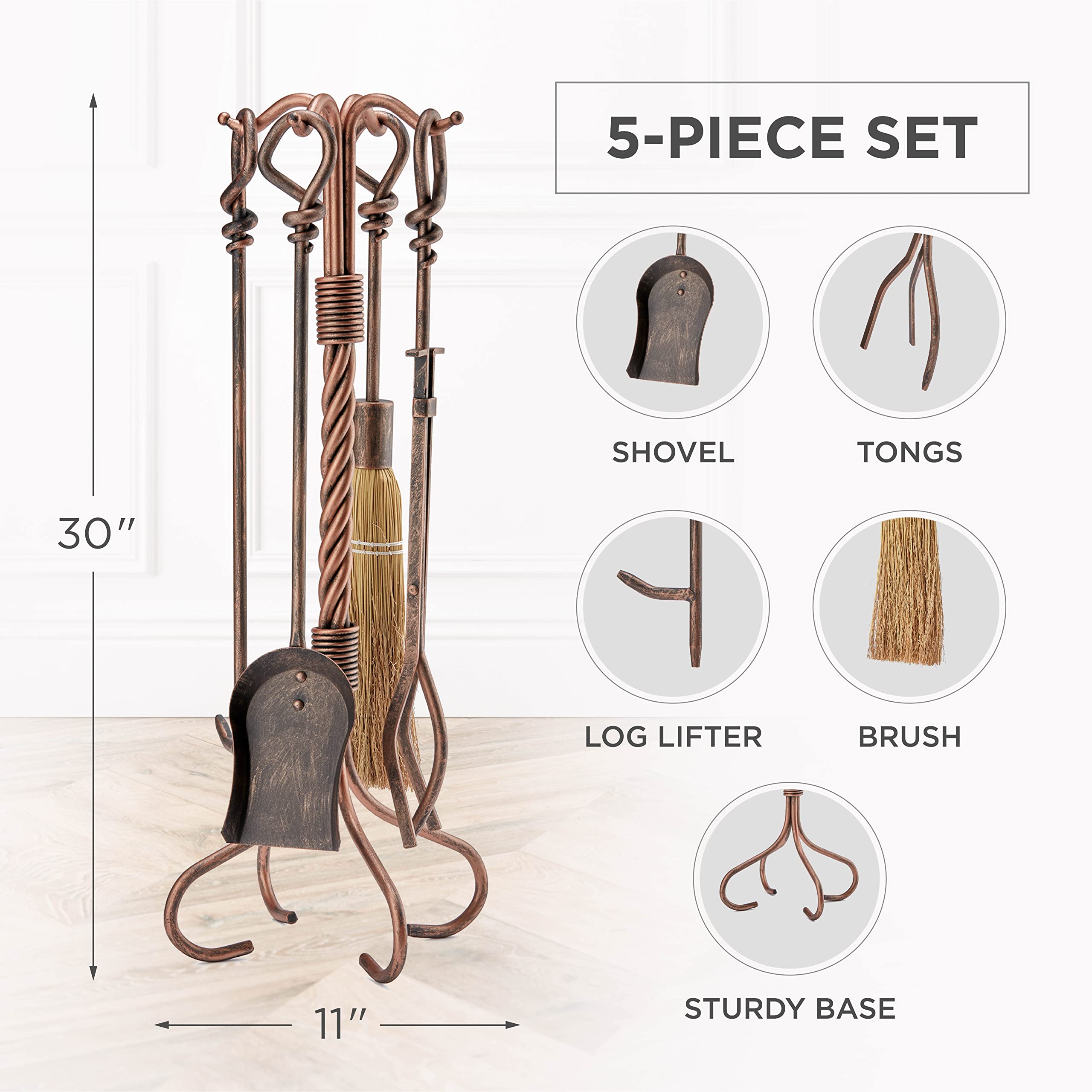 Uniflame F-1695 Antique Copper 5-Piece Wrought Iron Fireplace Tool Set with Ring & Swirl Handles - Perfect for Fireplace Maintenance & Home Decor