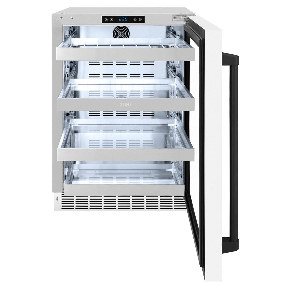 ZLINE Autograph Edition 24 Inch Touchstone 151 Can Beverage Refrigerator - White Matte Glass Door with Matte Black Handle - Compact Drink Cooler for Home Bar, Office, or Man Cave (RBSOZ WM 24 MB)