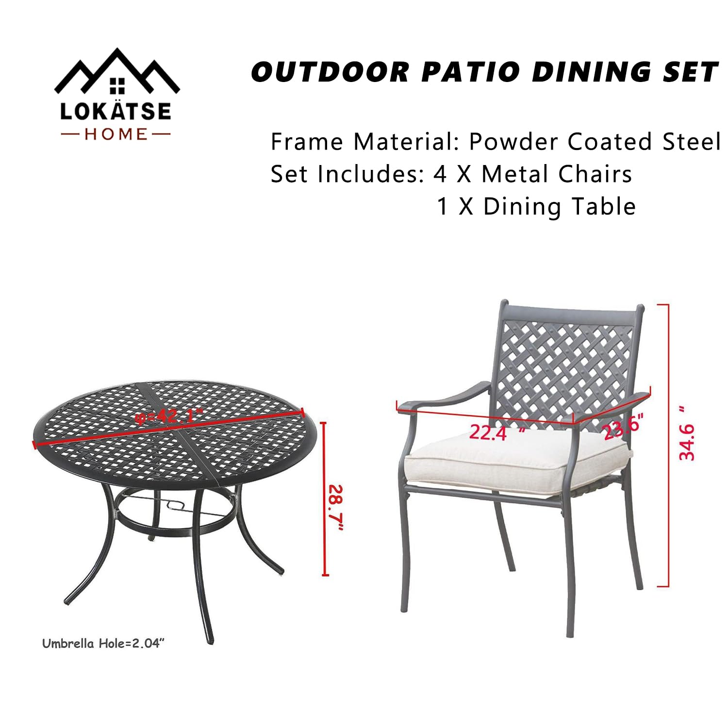 LOKATSE HOME 5-Piece Outdoor Patio Dining Set - White Metal Table & 4 Iron Arm Chairs with Cushions & Umbrella Hole | Perfect for Backyard, Garden, Poolside & BBQ Gatherings