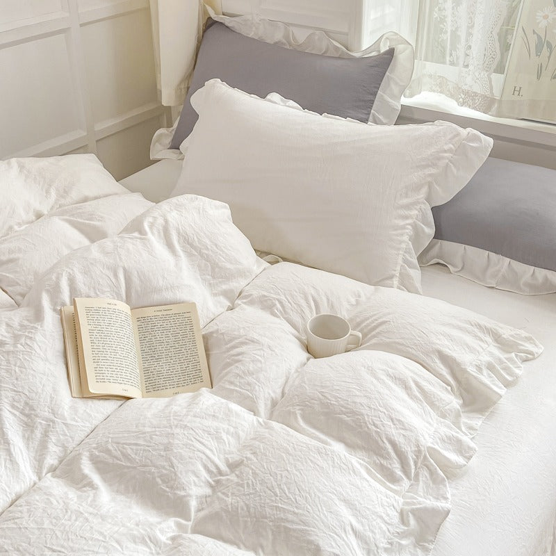 Soft Crumpled Ruffle Bedding Set - Luxury 4-Piece Queen Size Bed Sheet Set with Ruffled Edges for Cozy Bedroom Decor | Perfect for Master Bedroom, Guest Room & Airbnb Stays