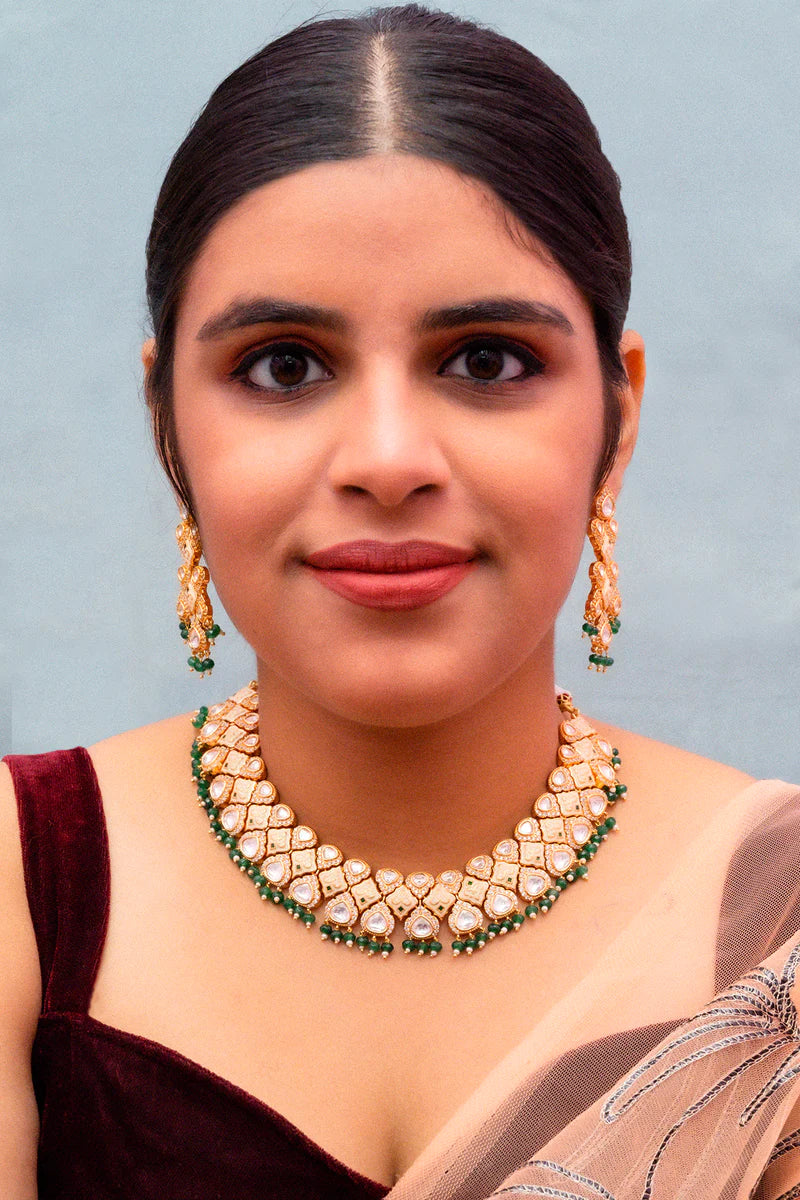 Luxury Gold Plated Royal Kundan Necklace and Earrings Set for Women - Indian Bridal Jewelry, Wedding Party Accessories, Ethnic Fashion Statement