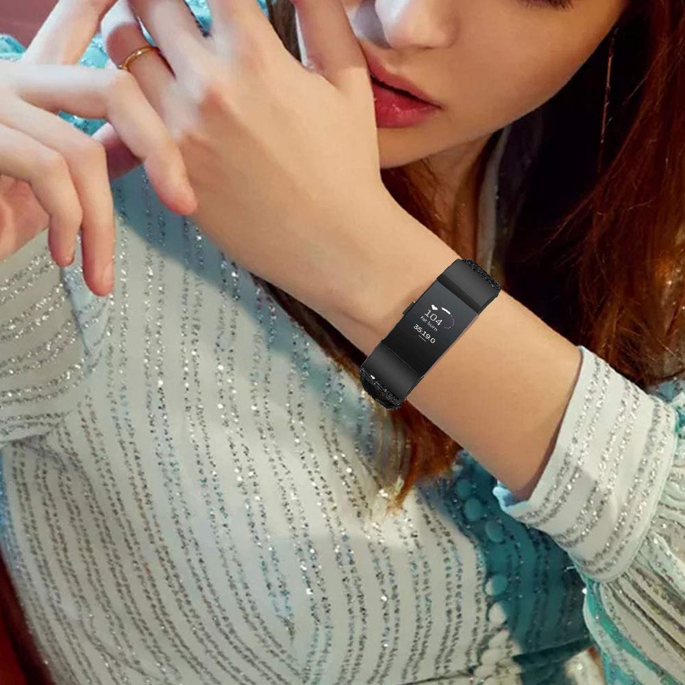 Sparkle & Shine: Elegant Glitter Leather Replacement Band for Fitbit Charge 2 - Women's Fashionable Wrist Strap (Black) | Perfect for Workouts, Office Wear & Evening Outfits
