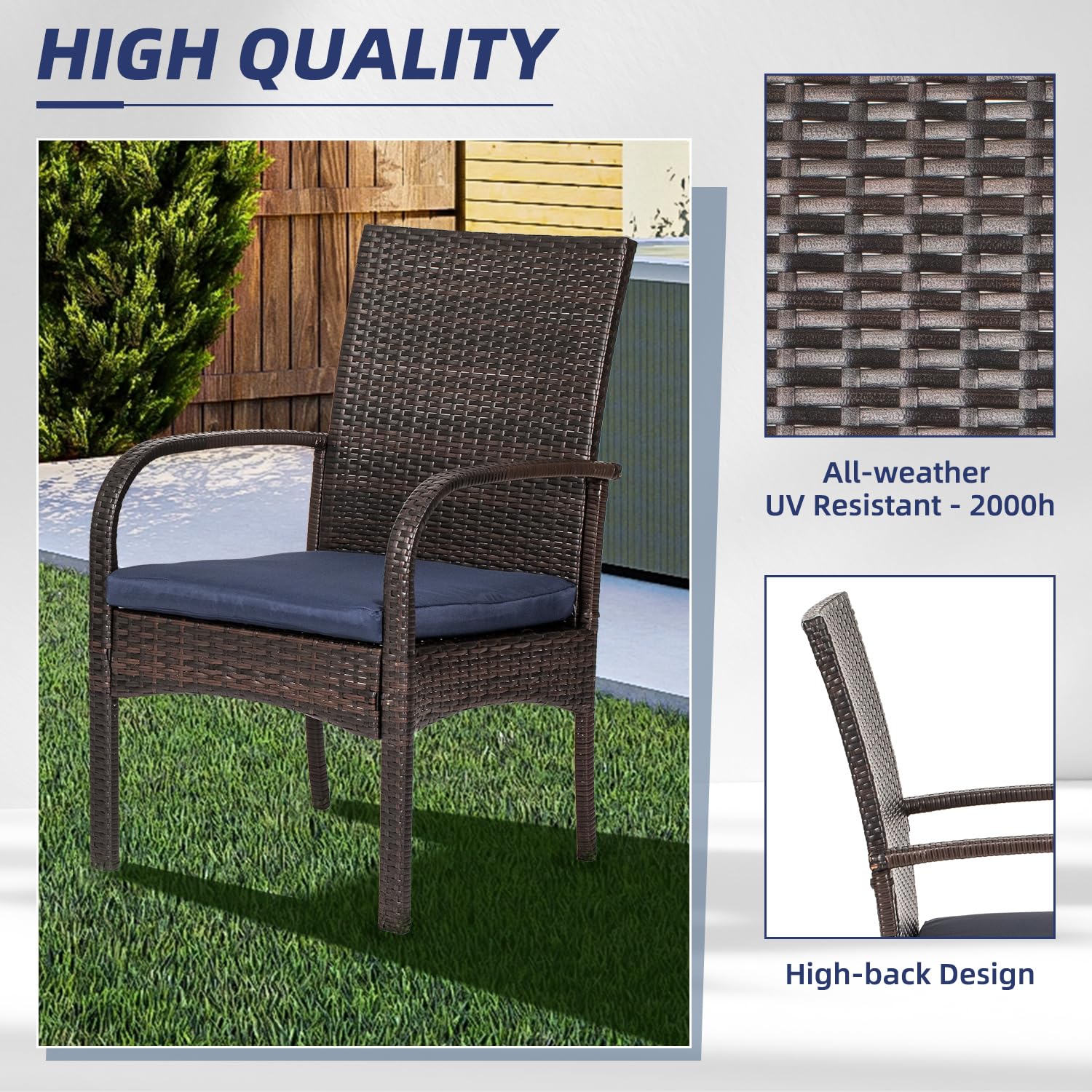 4 Pcs Wicker Patio Dining Padded Cushions - Outdoor Rattan Chairs with Armrest Support (350 lb Capacity, Brown) - Perfect for Backyard, Garden, and Poolside Relaxation