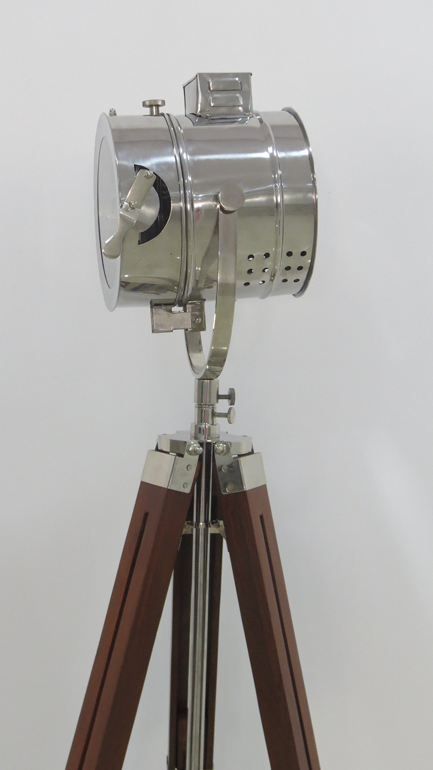 NAUTICALMART Elegant Silver Metal Tripod Floor Lamp with Sheesham Wood Base - Modern 3-Fold Design for Living Room, Bedroom, or Office Lighting Decor
