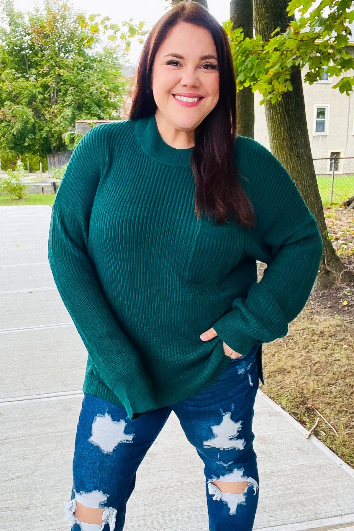 Stylish Hunter Green Mock Neck Knit Sweater with Chest Pocket - Cozy Winter Wear for Women | Perfect for Casual Outings & Office Attire