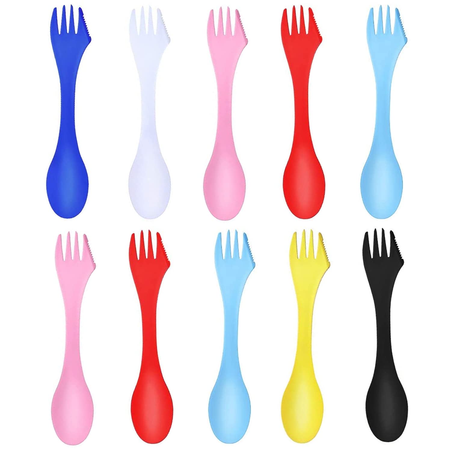 10 Pack Camping Forks - 3-in-1 Travel Spoon Fork Knife Set, 7 Inch Eco-Friendly Durable Plastic Sporks (6 Colors) for Backpacking, Hiking, Picnics & Lunchboxes - Perfect for Outdoor Adventures & Camping Meals