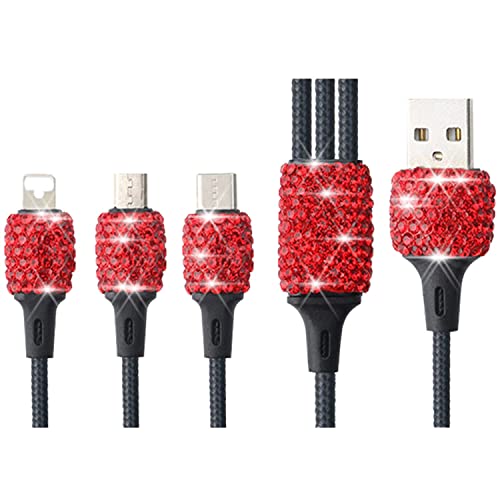 Sparkling USB Charging Cable - 3-in-1 Crystal Decorated Nylon Cord | Fast Charging for iPhone, Android & Type C Devices | Trendy Gift for Women & Girls (Red) | Perfect for Travel, Office & Daily Use