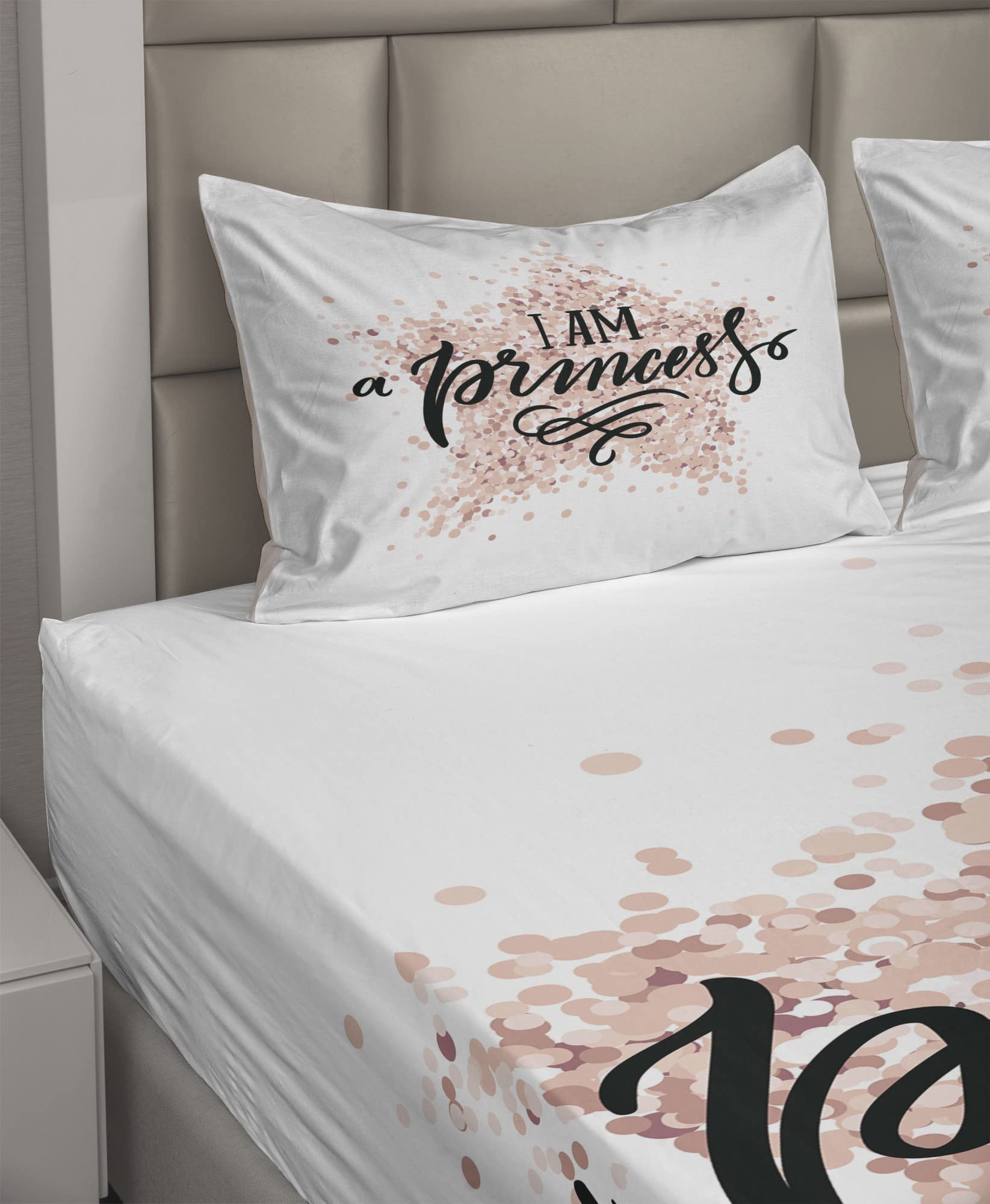 Ambesonne 4-Piece King Size Cartoon Sheet Set - Modern Calligraphic Words on Dotted Background, Hand Lettering Design, Fitted & Flat Sheets with Pillowcases, White Black Blush Bedding | Perfect for Kids' Rooms, Guest Bedrooms & Modern Home Decor