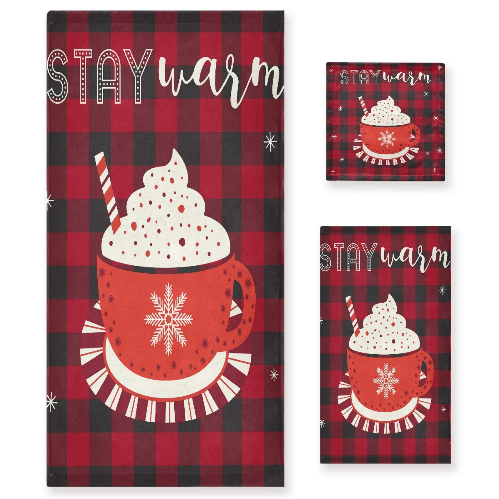Buffalo Plaid Snowflakes Bath Towel Set of 3 - Soft Absorbent 1 Bath Towel, 1 Hand Towel, 1 Washcloth for Bathroom, Kitchen, Beach, Gym & Spa - Cozy Winter Home Decor & Gift Idea