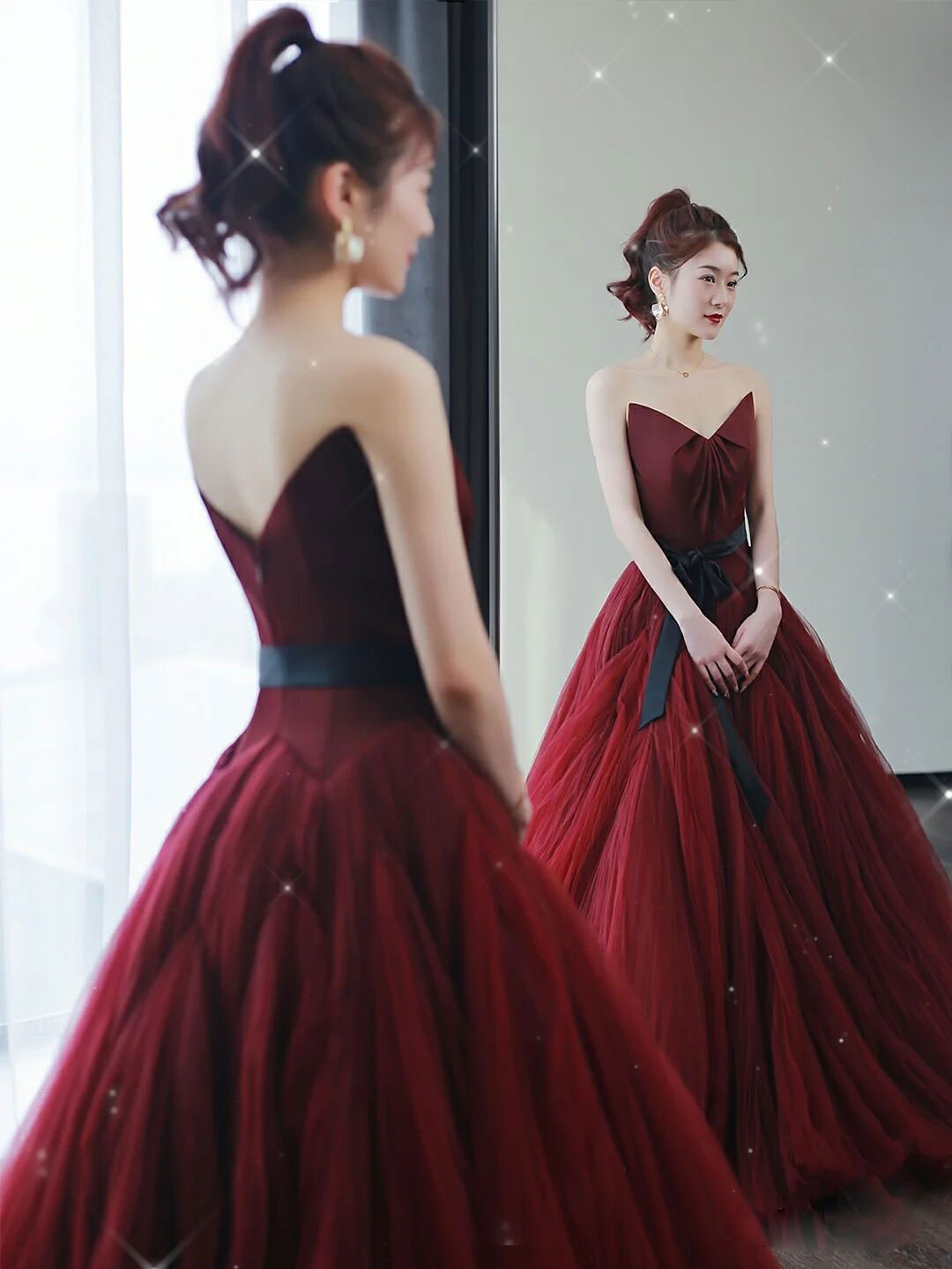 Elegant A-Line Burgundy Tulle Dress for Women - Perfect for Weddings, Prom & Special Occasions
