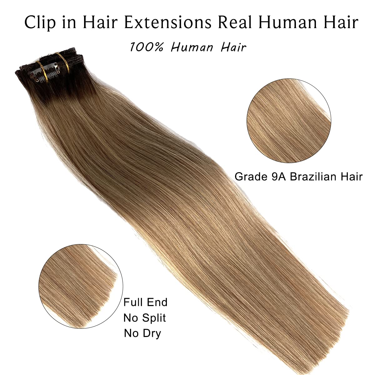 Chocolate Brown to Golden Brown Clip in Hair Extensions with Blonde Highlights - 7 Pcs 70G Remy Human Hair Double Weft Straight Extensions for Women - 20