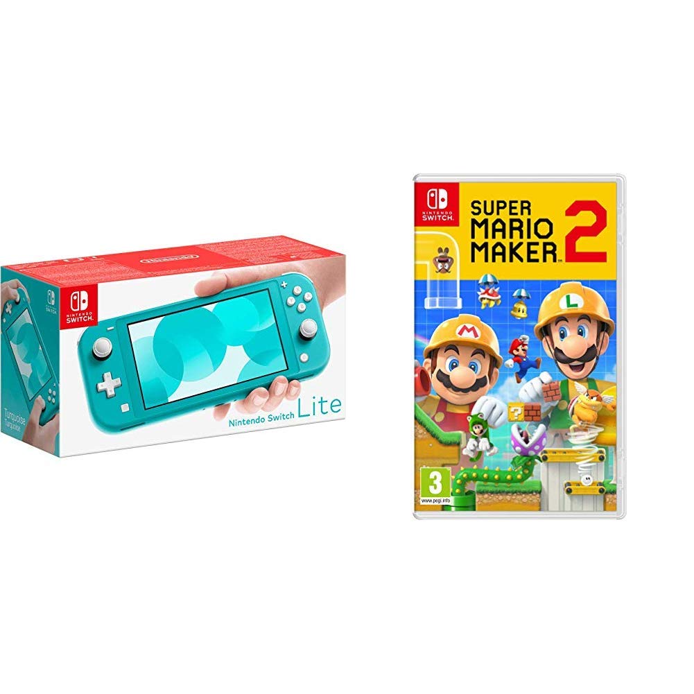 Nintendo Switch Lite - Turquoise Blue Handheld Console + Super Mario Maker 2 Standard Edition Game Bundle | Portable Gaming for Travel, Commute & Home Entertainment