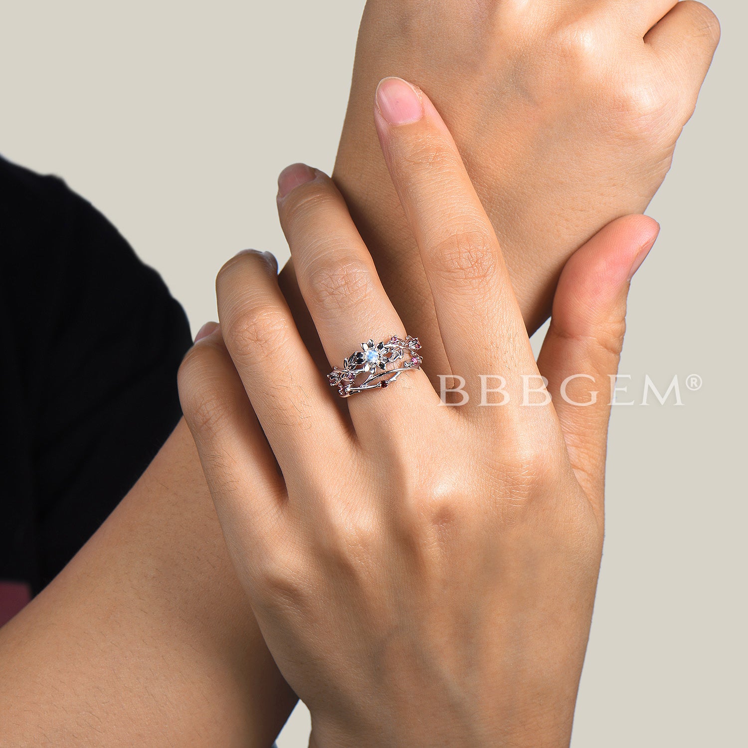 Twisted Round Moonstone Floral Engagement Ring - Nature Inspired Tourmaline Bridal Set for Wedding, Proposal & Anniversary Gifts | Handmade Sterling Silver Jewelry for Women