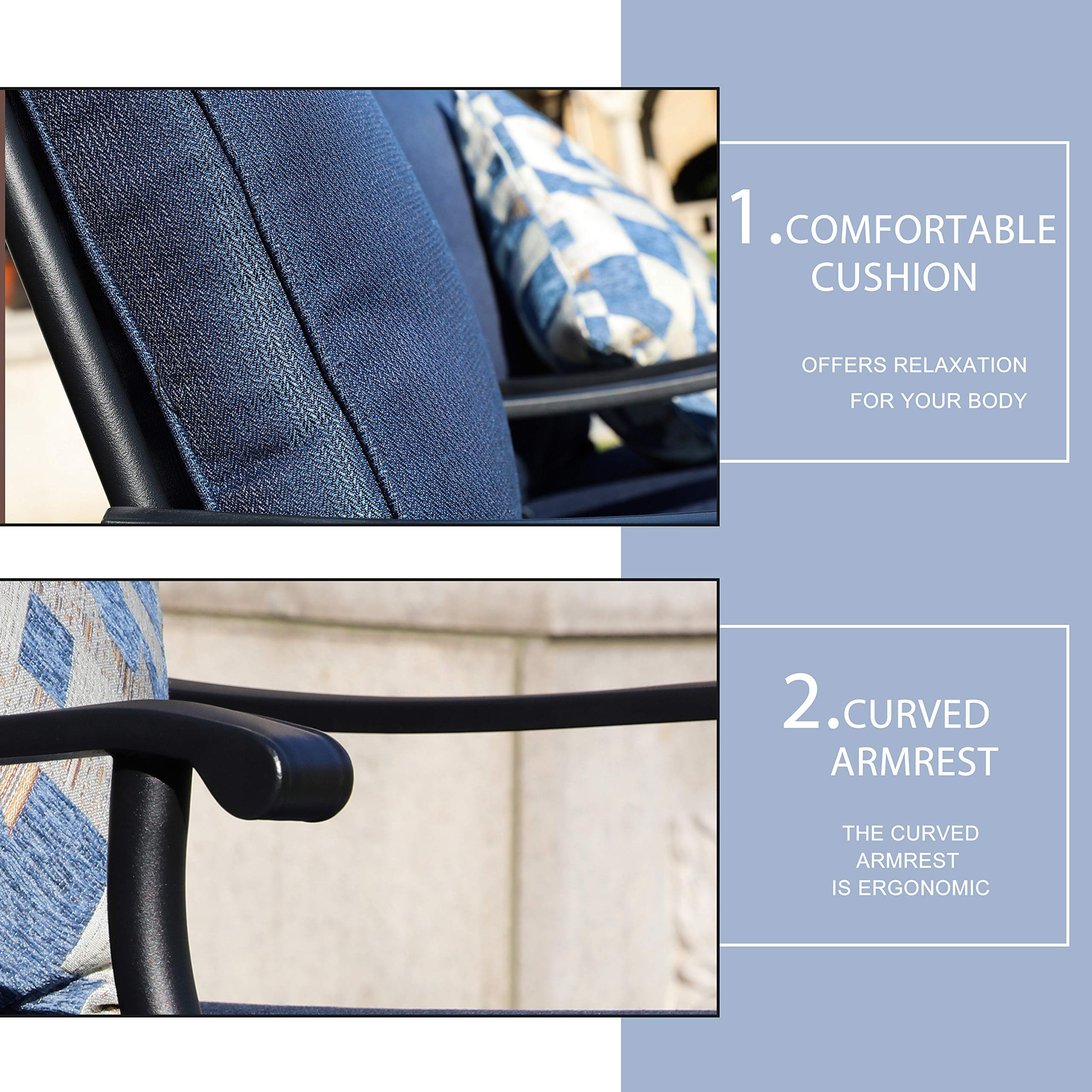 LOKATSE HOME 2-Piece Outdoor Patio Bistro Set - Wrought Iron Dining Chairs with Blue Cushions for Garden, Balcony & Backyard Relaxation