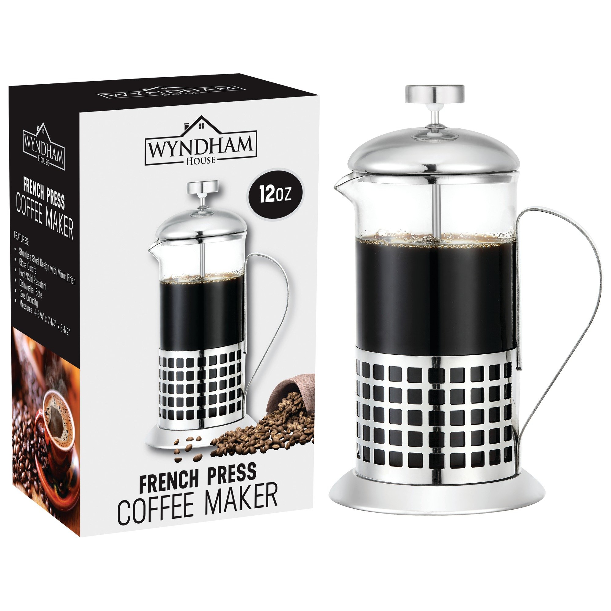 Wyndham House™ 12oz French Press Coffee Maker - Stainless Steel, Heat-Resistant Glass - Perfect for Home, Office & Camping Coffee Brewing