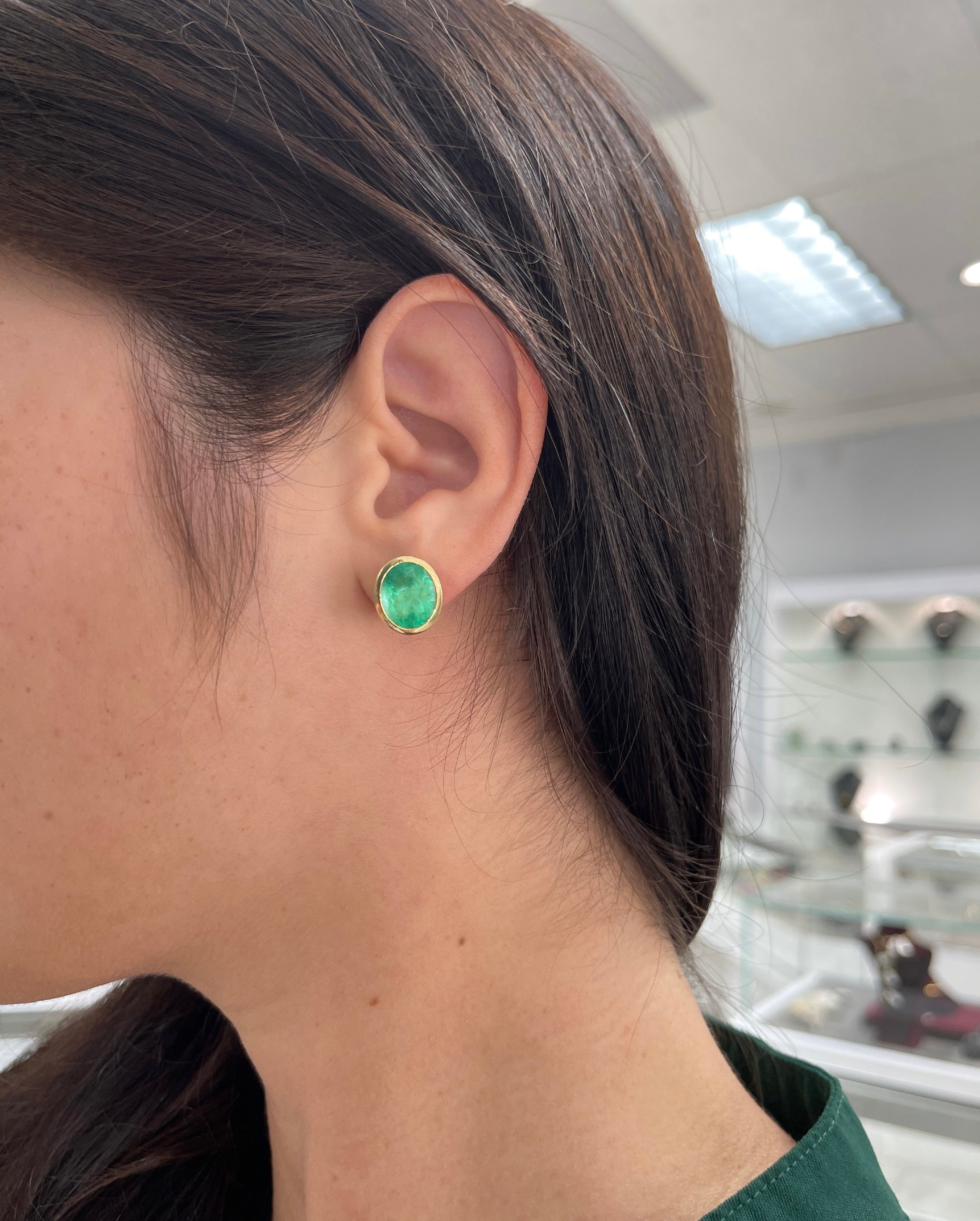 10.45tcw Colombian Emerald Oval Cut Bezel Set Earrings in 14K Gold - Vintage Heirloom Jewelry for Weddings & Special Occasions