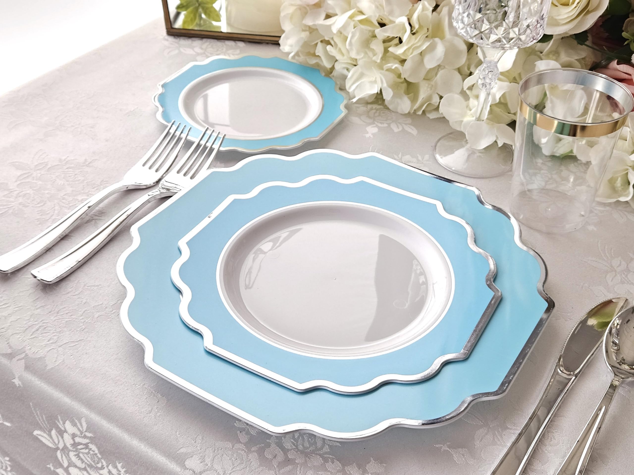 60-Pack Heavyweight Disposable Plastic Plates for Weddings & Parties - 8'' Dinner Plates in Imperial Aqua & Silver - Elegant & Durable Tableware for Special Occasions, Celebrations & Events