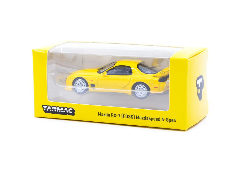 Tarmac Works 1:64 Scale Mazda RX-7 FD3S Mazdaspeed A-Spec Diecast Model Car - Competition Yellow Mica | Collectible Toy Car for Display, Racing Games & Gift Giving