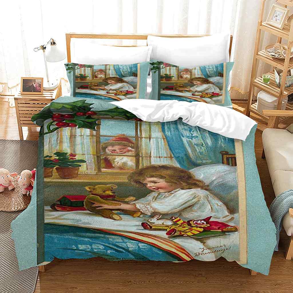 Modern Christmas Little Girl Duvet Cover Set Queen 90x90 Inches - Soft Microfiber Comforter Cover with Zipper Closure & Corner Ties + 2 Pillow Shams - Cozy Holiday Bedding for Kids Room Decor