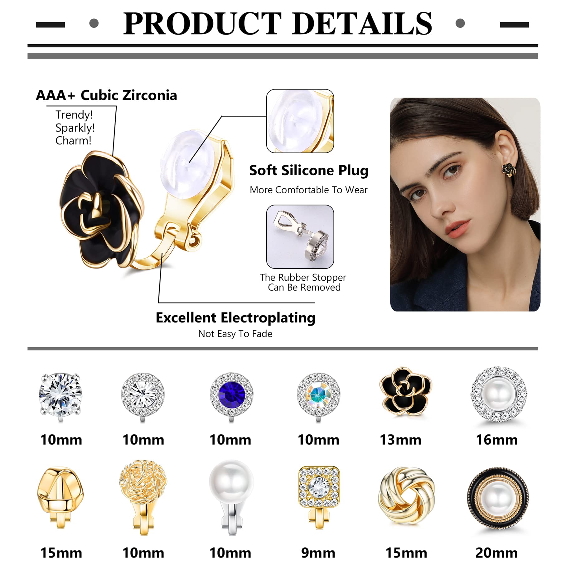 JeweBella 12 Pairs Hypoallergenic Clip-On Earrings for Women & Girls - Non-Pierced Zircon Pearl Crystal Jewelry in Silver & Gold | Perfect for Weddings, Parties & Everyday Wear