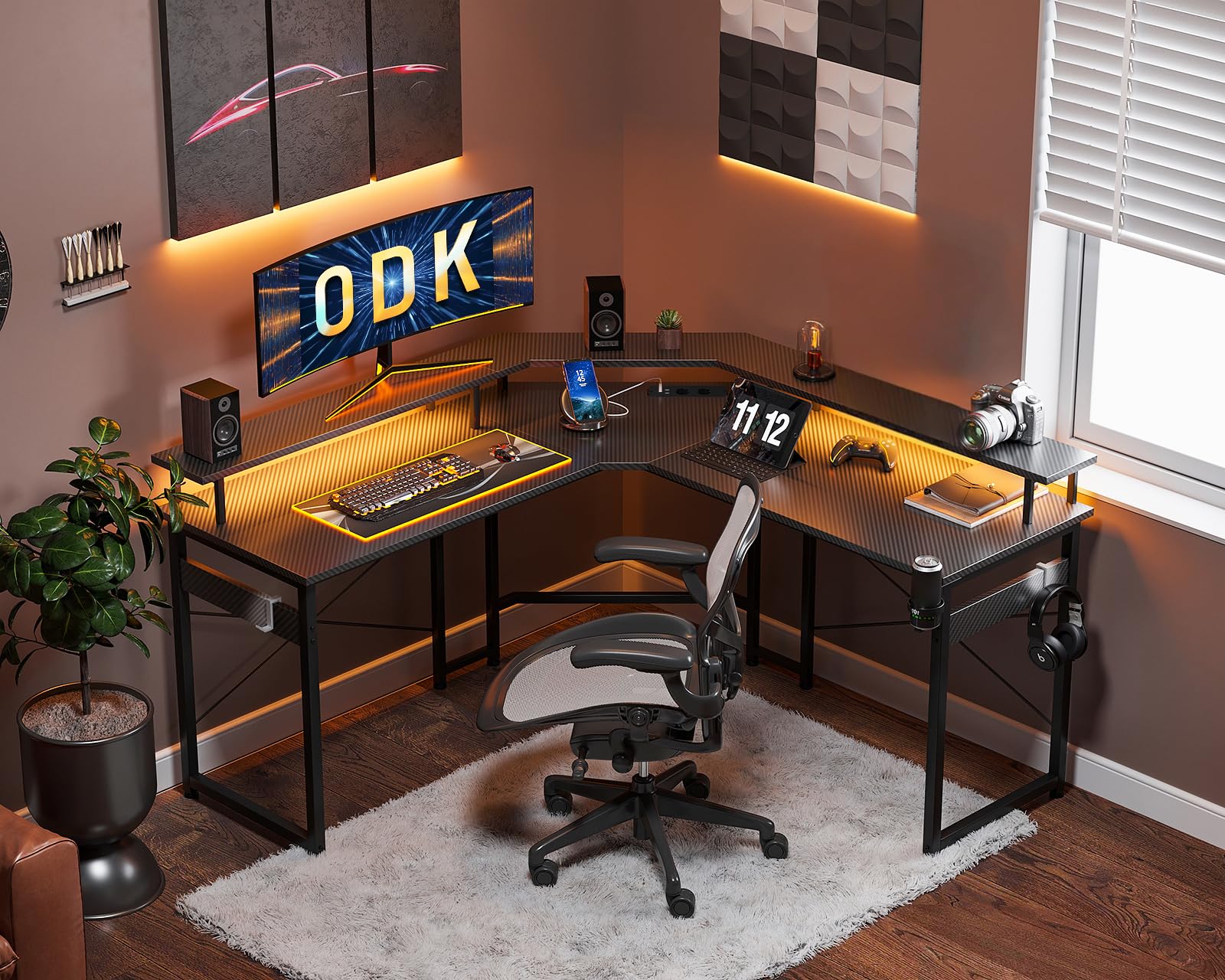 ODK 129x129 cm Gaming Desk with LED Lights, PC Computer Desk with 2 Power Outlets & 2 USB Ports, Large Monitor Stand, Carbon Fiber Black - Perfect for Esports, Streaming & Home Office Setup