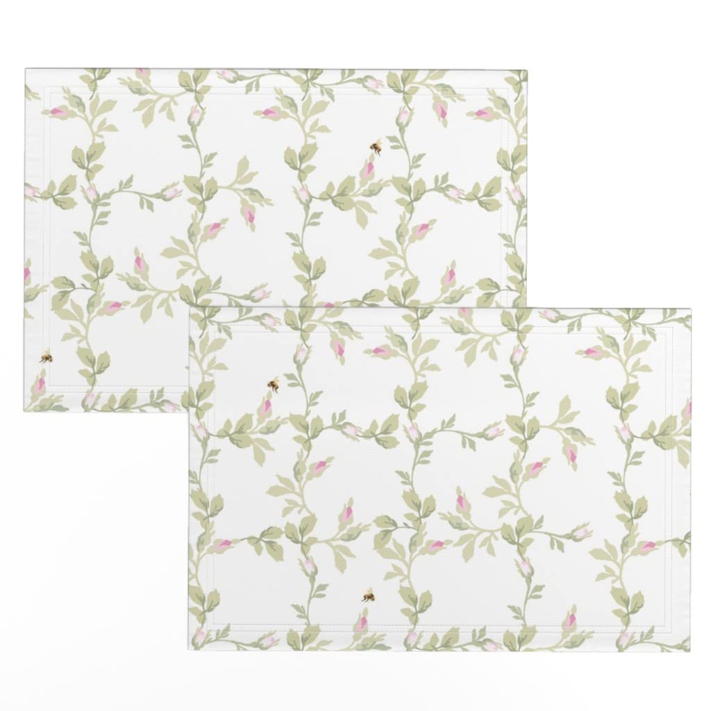 Premium Linen Cotton Canvas Placemats Set of 2 - Trellis Leaves Cottage Green & White Floral Pink Roses Print - Elegant Table Decor for Dining Room, Kitchen, and Outdoor Entertaining