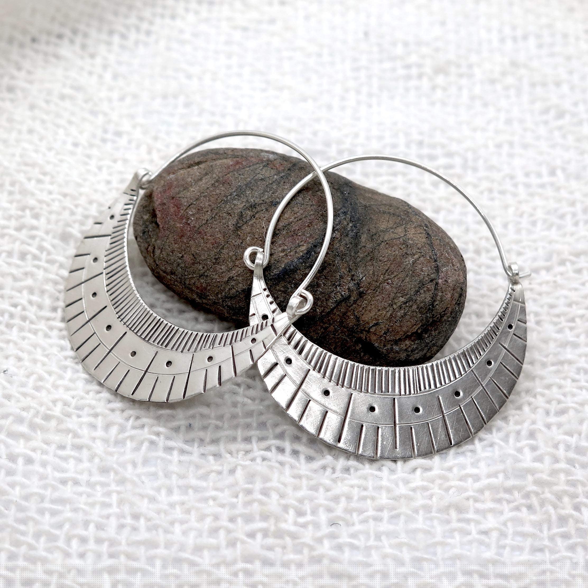 Handmade Sterling Silver Large Boho Statement Crescent Moon Hoop Earrings with Geometric Pattern Engraving | Unique Boho Chic Jewelry for Women | Perfect for Festivals, Parties & Everyday Wear