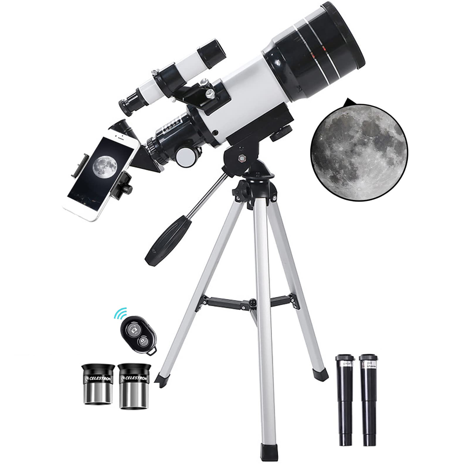 70mm Aperture Refracting Astronomical Telescope for Adults & Kids - Portable Travel Telescope with Adjustable Tripod, Phone Adapter & Wireless Remote - Perfect for Stargazing, Moon Observation & Outdoor Adventures