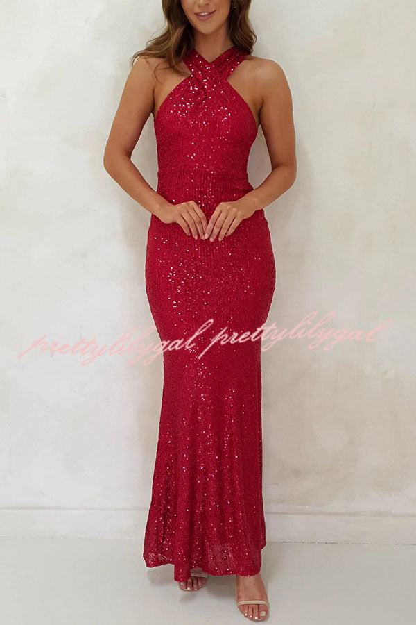 Sparkle Sequin Cross Halter Neck Backless Maxi Dress for Women - Elegant Evening Gown for Parties, Prom, Cocktail & Special Occasions