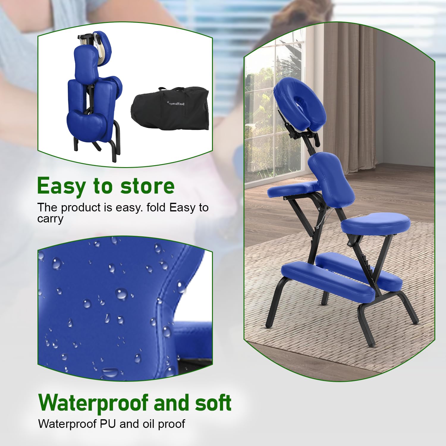 FDW Portable Foldable Massage Chair - Adjustable Height Tattoo & Spa Salon Chair with High Density Foam & Backpack - Perfect for Tattoo Studios, Massage Therapy, Facial Treatments & Home Relaxation (Blue)