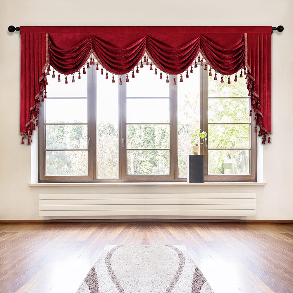 ELKCA Thick Chenille Window Curtain Valance with Tassels - Burgundy Red Waterfall Valance for Living Room, Festival & Holiday Decor (110 Inches Wide) - Perfect for Christmas, Thanksgiving & Home Decoration