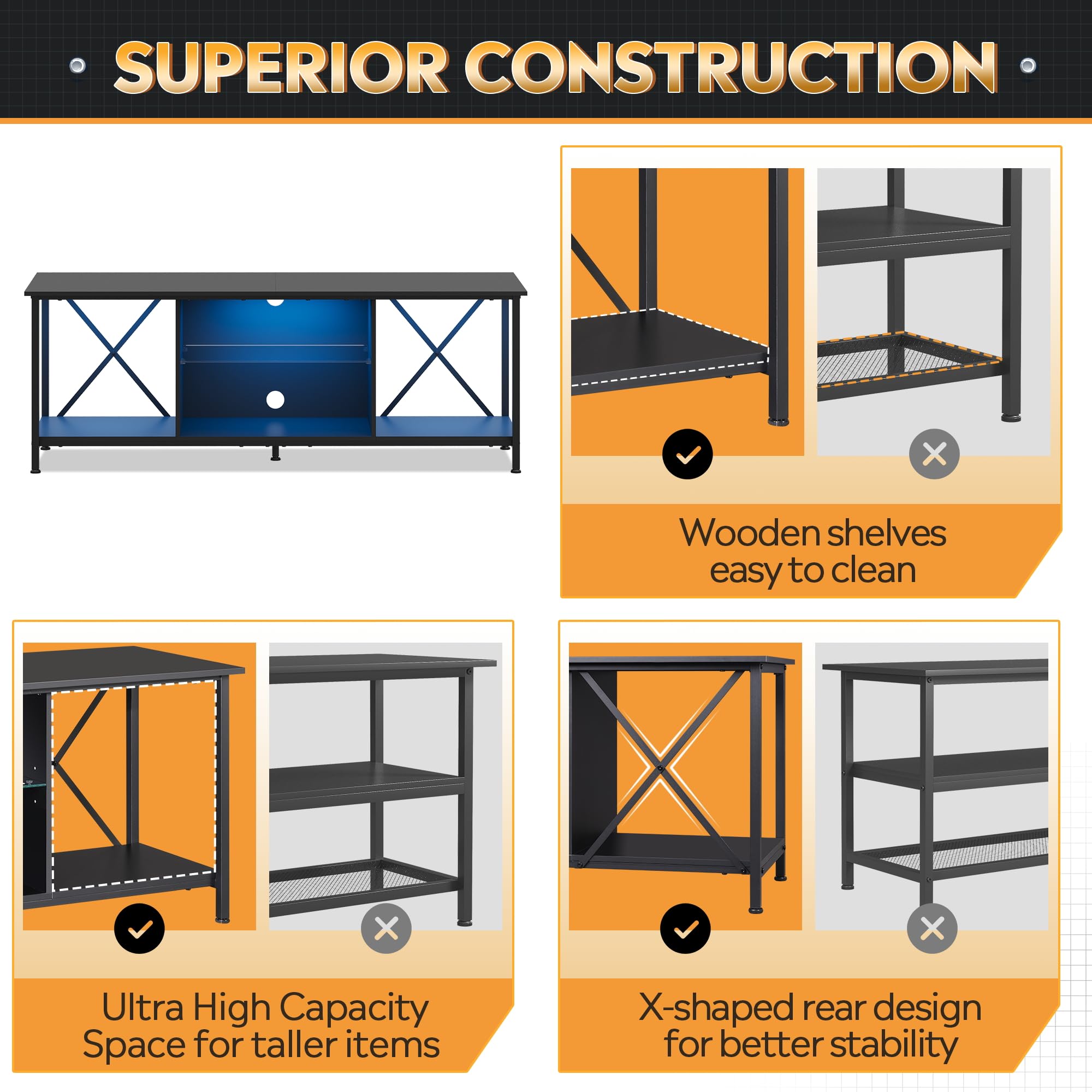 WLIVE 65 Inch TV Stand with LED Lights, Industrial TV Console with Glass Shelves for Living Room & Bedroom - Black | Perfect for Modern Home Entertainment & Gaming Setup
