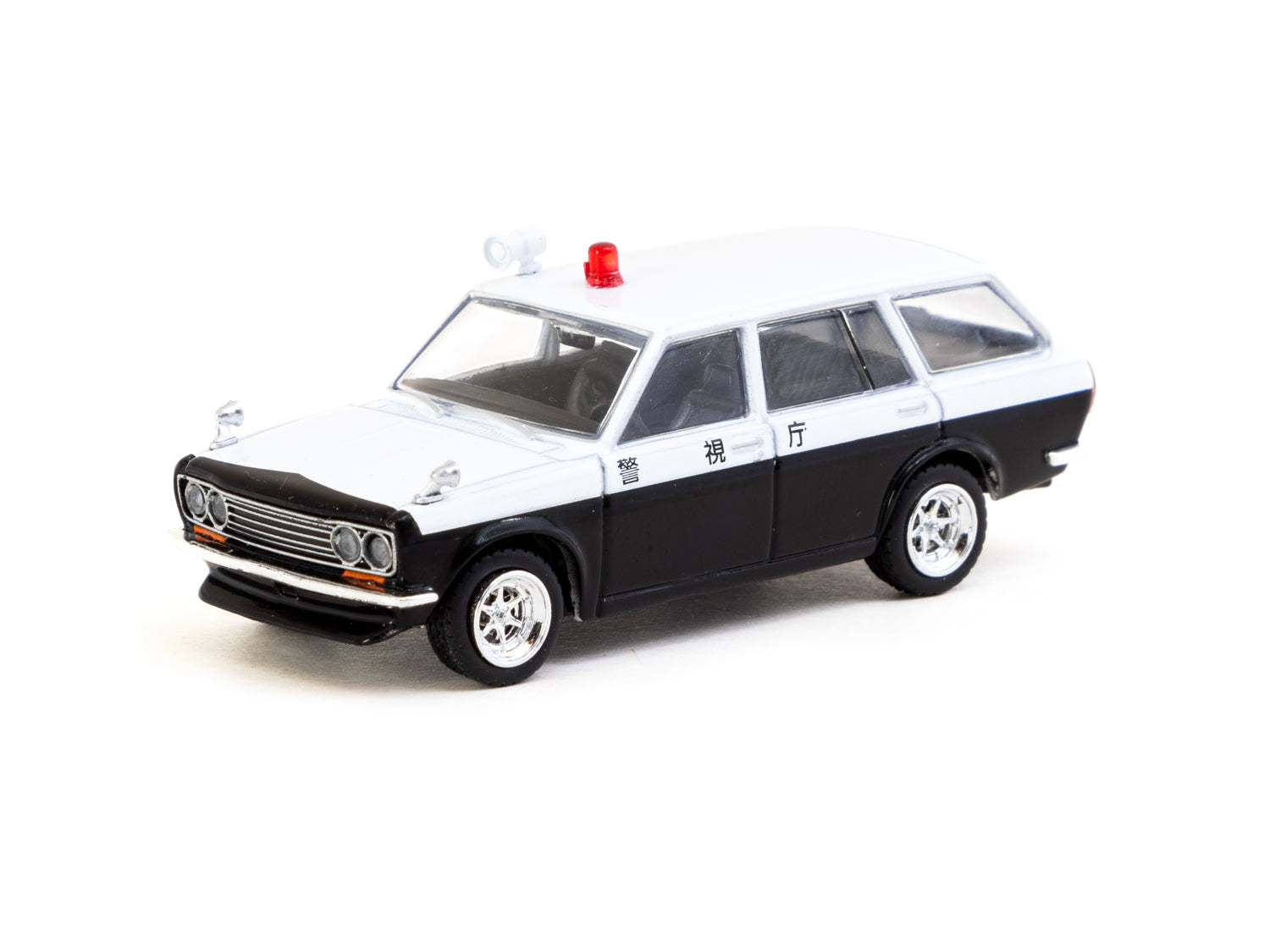 Tarmac Works 1/64 Scale Datsun Bluebird 510 Wagon Japan Police Car Diecast Model - Collectible Miniature Toy for Display, Gifts & Racing Scenes