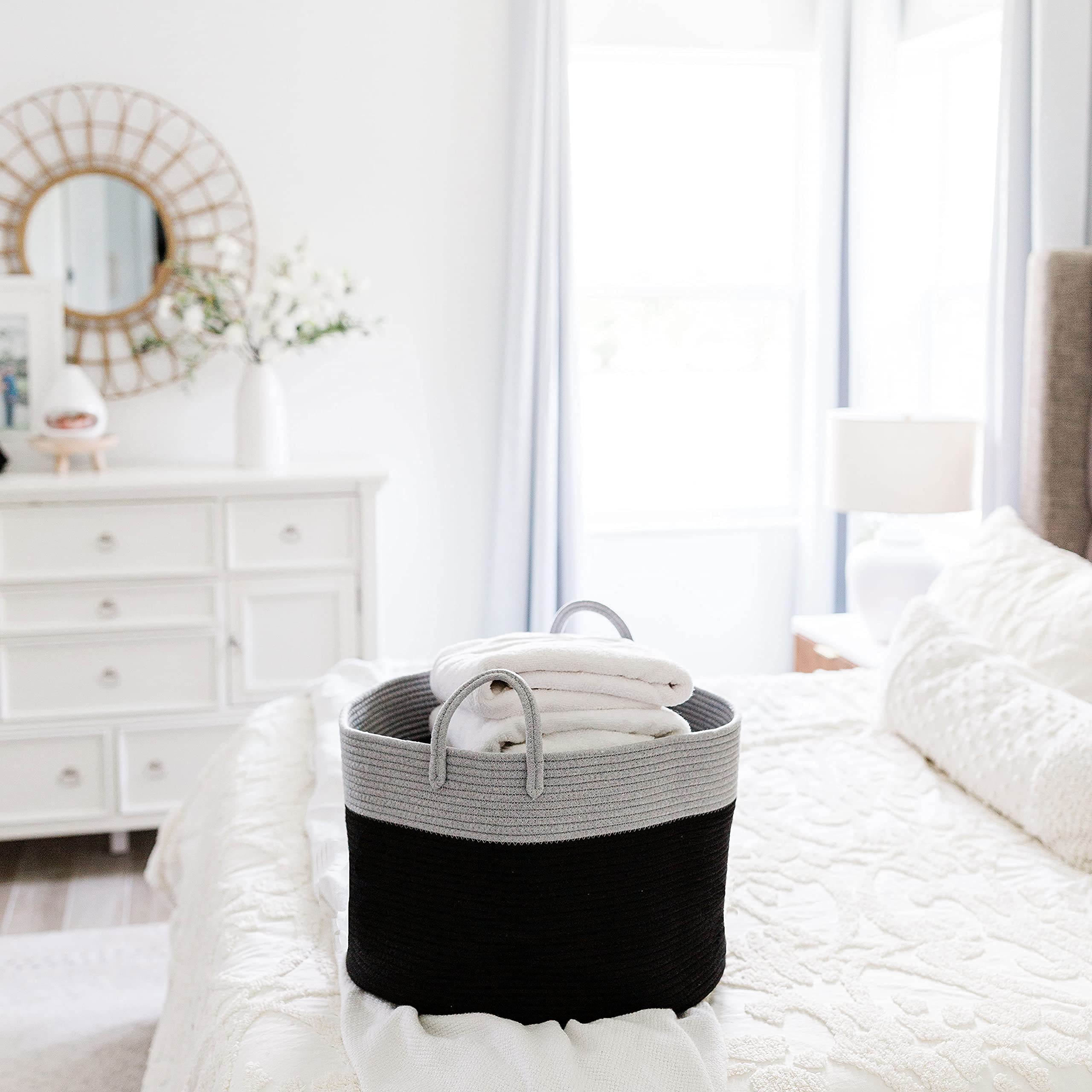 OrganiHaus Gray & Black Woven Storage Basket 20x13 - Large Cotton Rope Basket with Handles for Blankets, Pillows & Laundry | Perfect for Living Room, Nursery & Home Organization