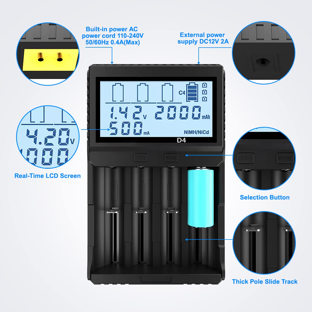 18650 Battery Charger with LCD Display - 4 Bay Universal Charger for 3.7V LiFePO4, IMR 18650, 14500, 16340, RCR123A, 21700, 26650 & Ni-MH/Ni-CD AA AAA Batteries - Smart Testing Function for Home, Office, and Emergency Power Supply