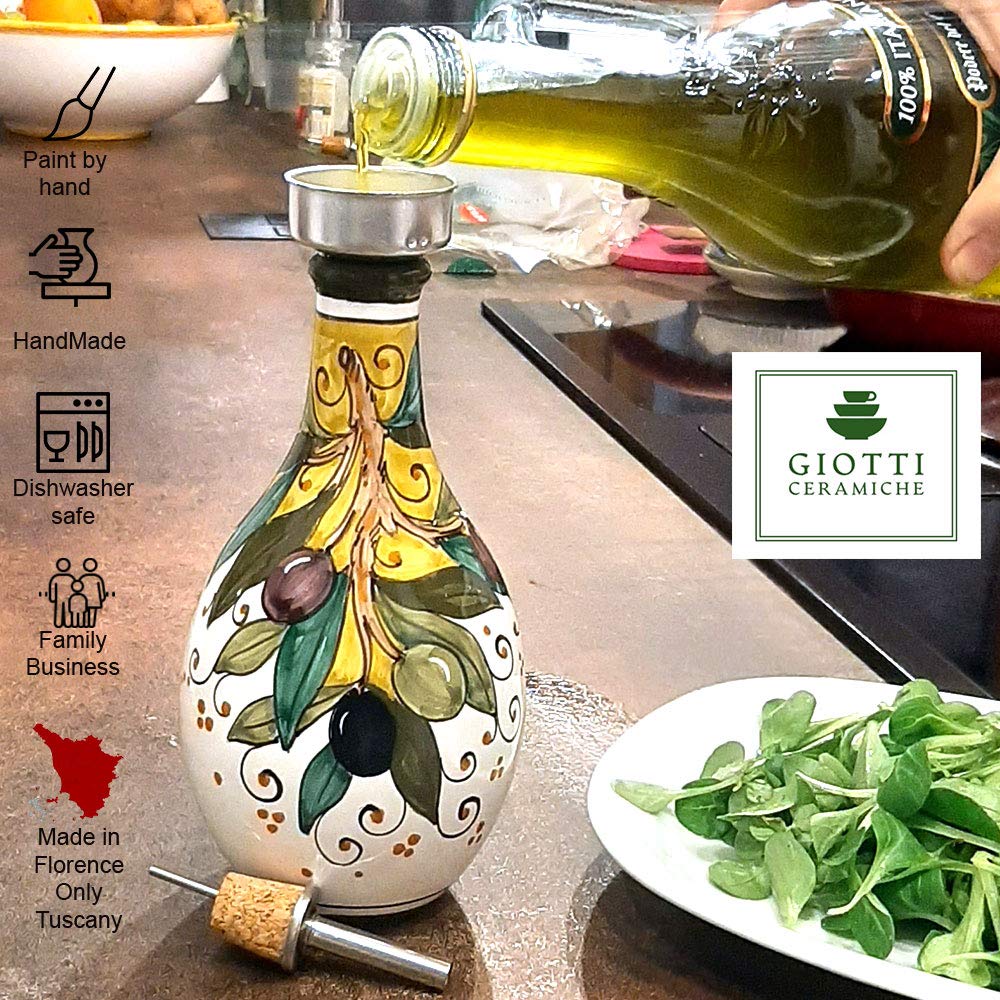 Italian Hand-Painted Ceramic Oil and Vinegar Dispenser Set - Tuscan Olive Design Kitchen Decor - Made in Italy - Perfect for Dining Tables, Kitchen Countertops & Gift Giving