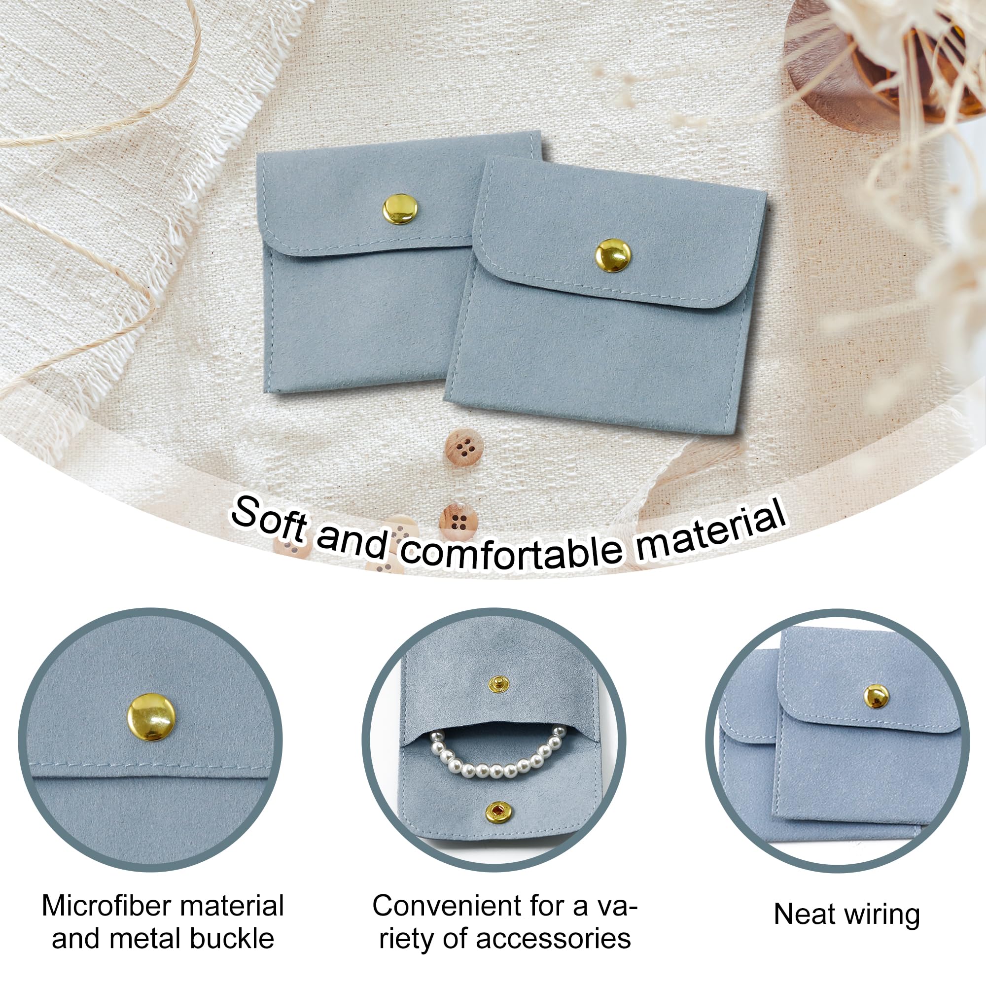 40-Piece Blue Microfiber Jewelry Pouches with Button Closure (8x8cm) - Luxury Small Gift Bags for Earrings, Necklaces, Bracelets & Rings - Perfect for Jewelry Packaging, Wedding Favors & Retail Displays