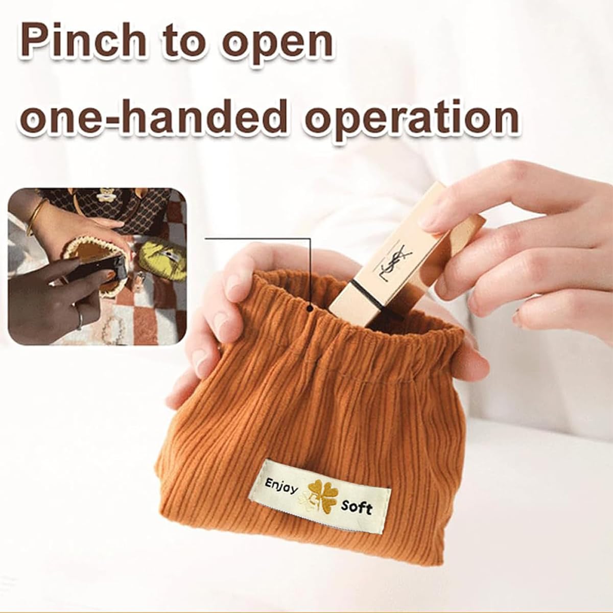 2 Pack Small Corduroy Pouches for Women & Girls - Mini Travel Makeup Bag, Coin Purse, Lipstick & Jewelry Organizer - Squeeze-Open Cosmetic Storage Bag for Hair Accessories (Coffee & Green) - Perfect for Travel, Daily Use & Gift Giving
