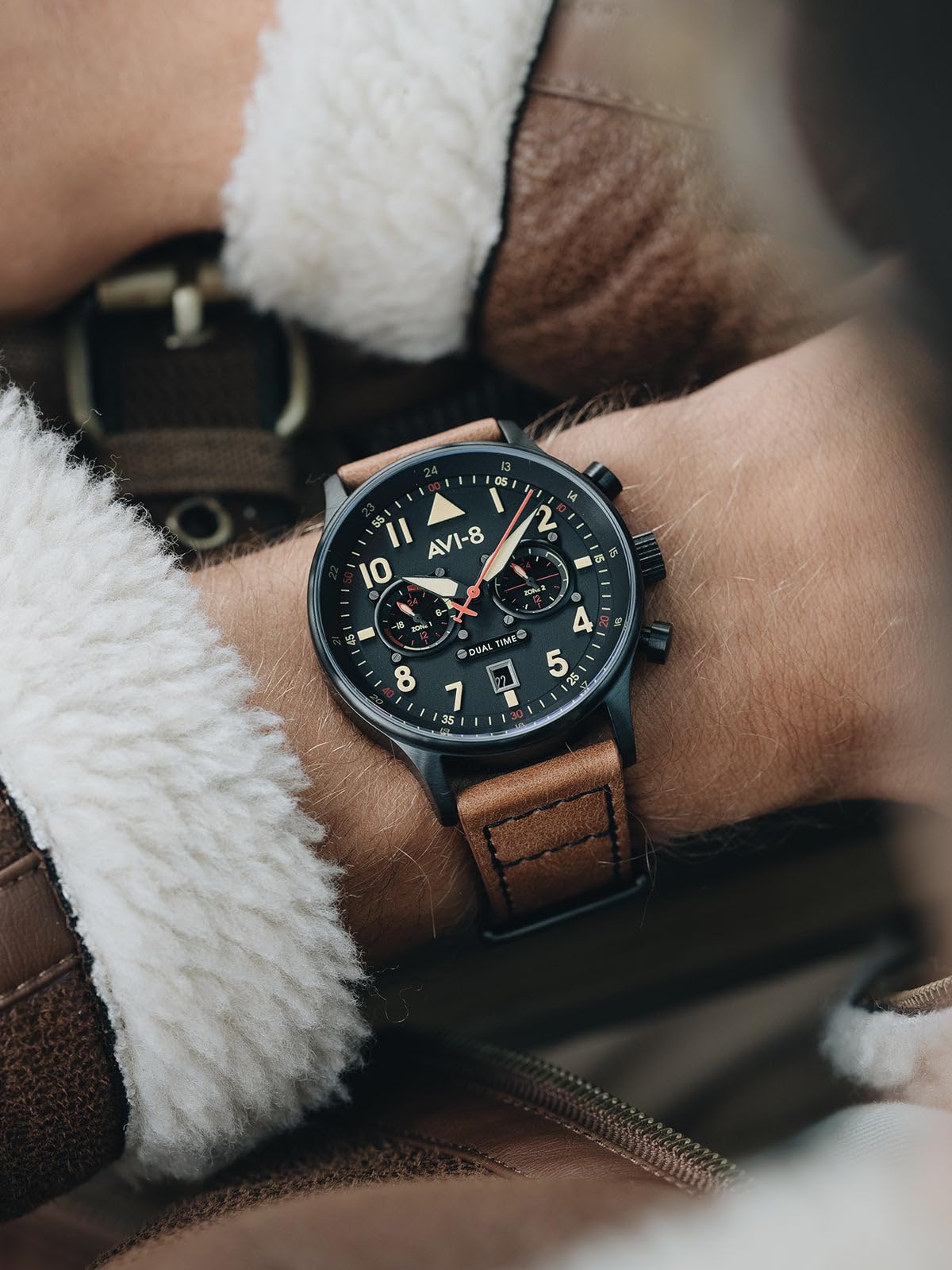AVI-8 Men's 43.5mm Hawker Hurricane Carey Dual Time Japanese Quartz Pilot Watch with Leather or Stainless Steel Strap AV-4088 - Perfect for Aviation Enthusiasts, Business Travel & Everyday Wear