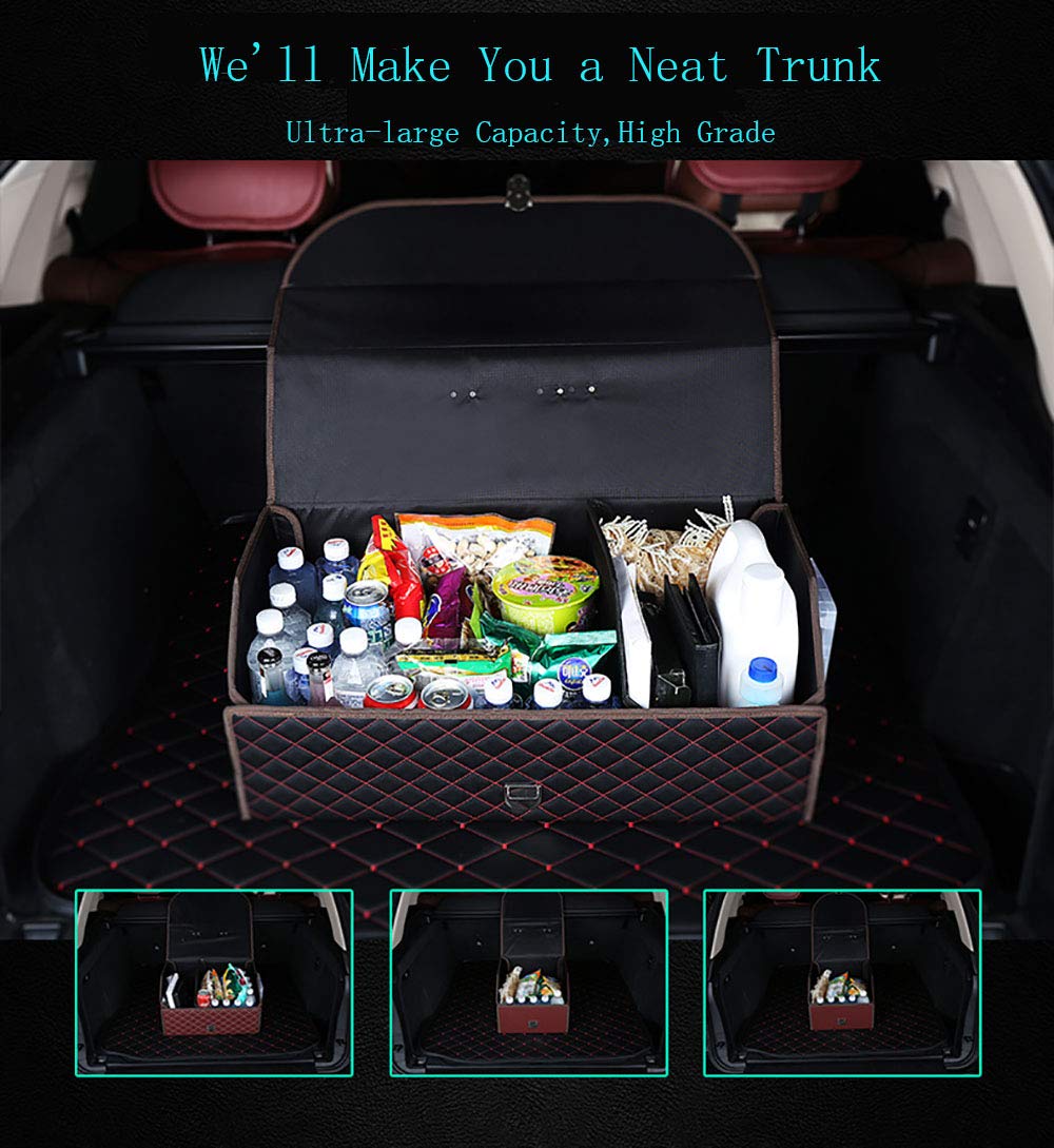 Premium SUV Trunk Organizer - Extra Large Collapsible Car Storage Box with Metal Buckle Lid | Adjustable Vehicle Organizer for Travel, Camping & Road Trips | Durable Leather Trunk Organizer for SUVs, Sedans & Minivans
