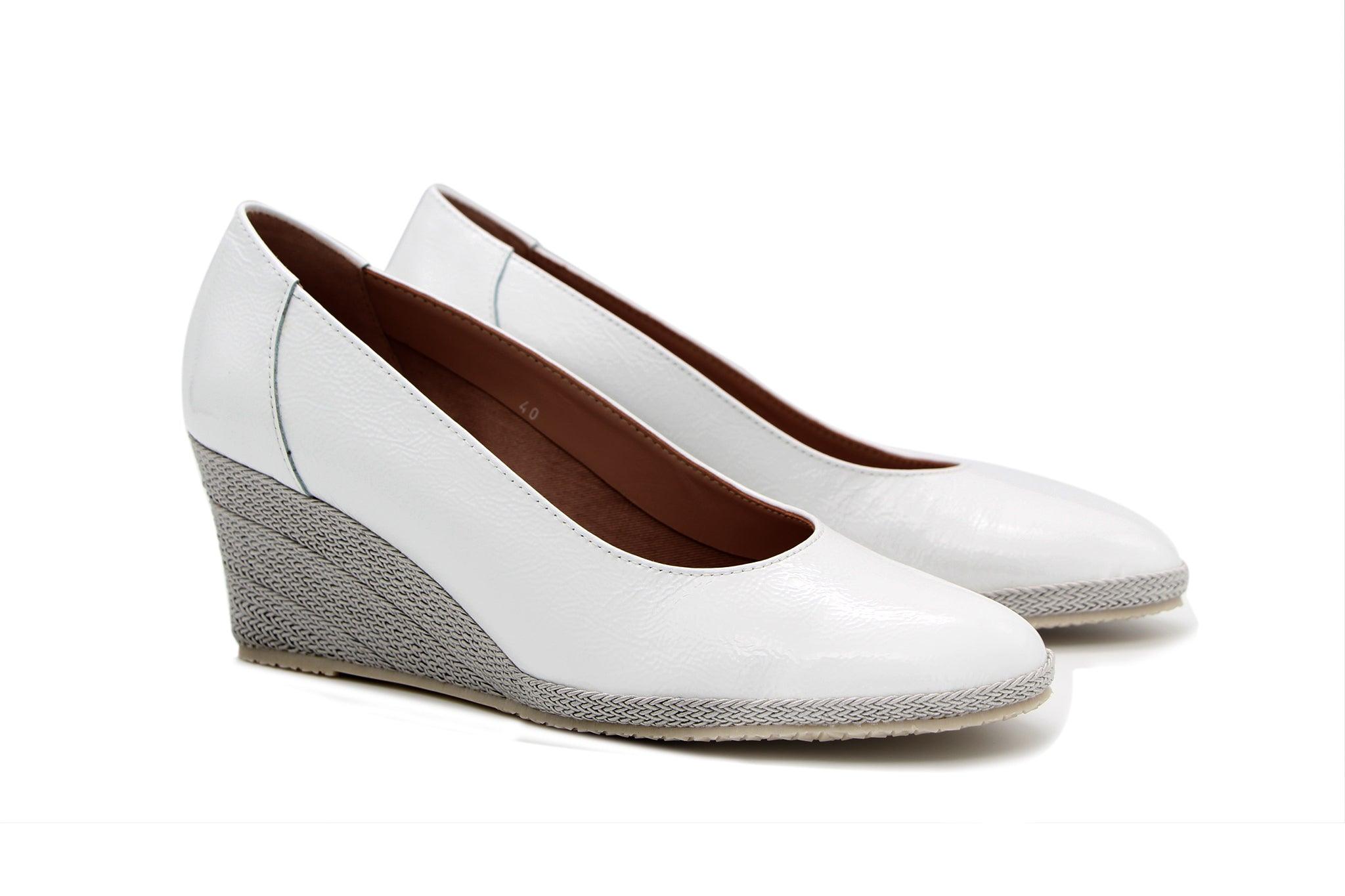 Bruno's White Patent Leather Wedge Heel Shoes for Women - Elegant & Comfortable Dress Shoes for Office, Party & Wedding Occasions