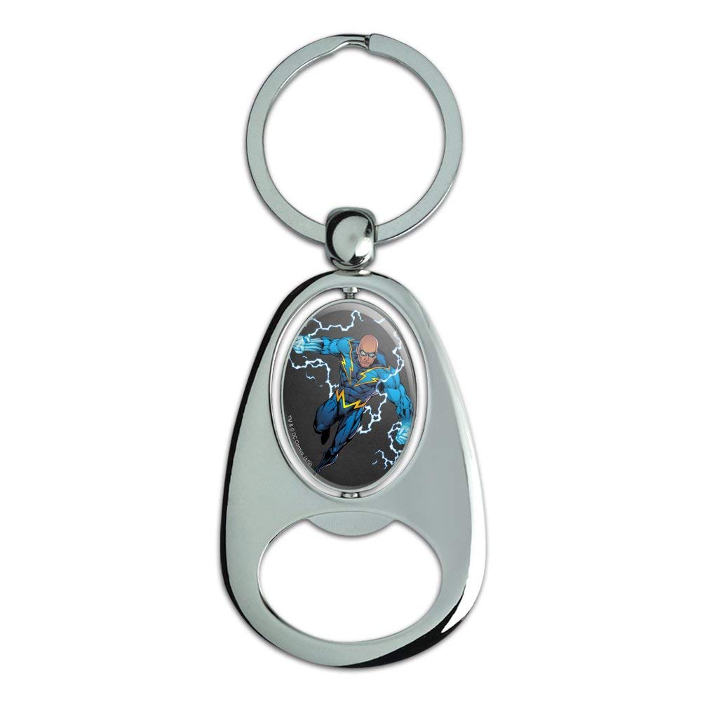 Justice League Black Lightning Metal Spinning Bottle Opener Keychain - Chrome Oval Superhero Gift for Fans, Collectors & DC Comics Lovers - Perfect for Keyrings, Backpacks, Gifts & Comic Con Events